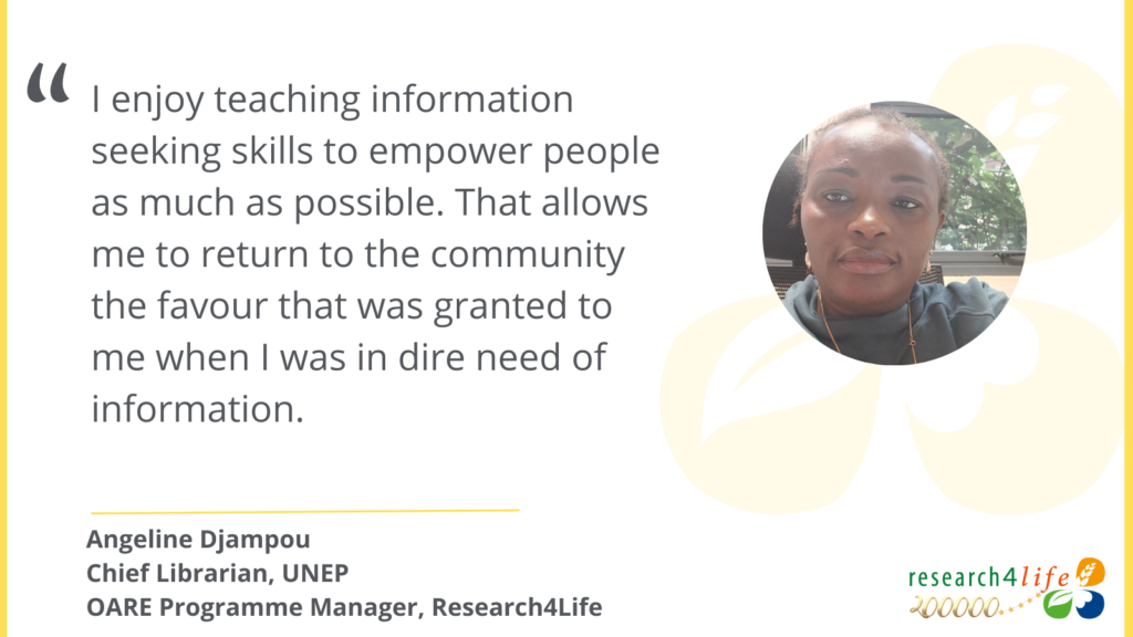 Photo of Angeline with a quote reading: I enjoy teaching information seeking skills to empower people as much as possible. That allows me to return the community the favour that was granted to me when I was in dire need of information