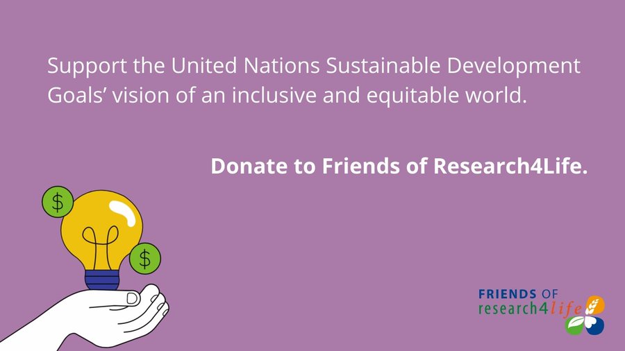 An image with text reading: Support the United Nations Sustainable Development Goal's vision of an inclusive and equitable world. Donate to Friends of Research4Life