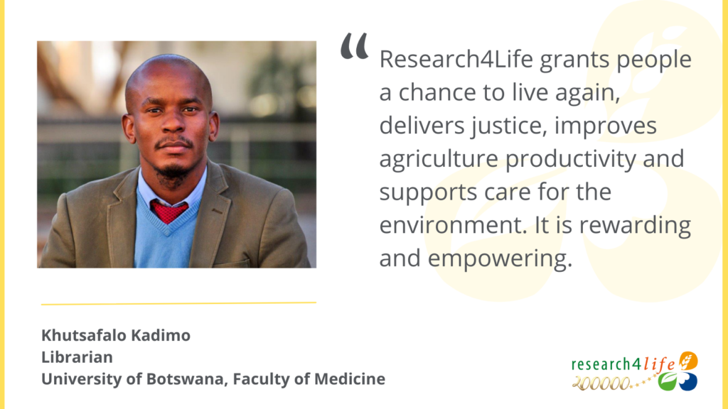 A photo of Khutsafalo Kadimo and a quote from him reading: Research4life grants people a chance to live again, delivers justice, improves agriculture productivity and support care for the environment