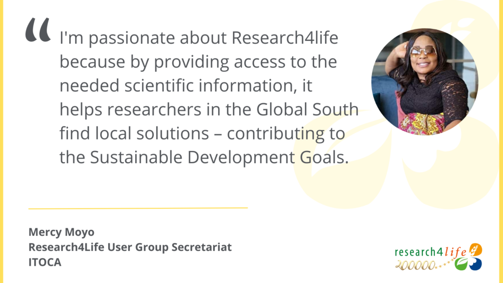 A photo of Mercy Moyo with a quote from here reading: Im passionate about Research4Life because by providing access to the needed scientific information, it helps researchers in the Global South find local solutions - contributing to the SDGs
