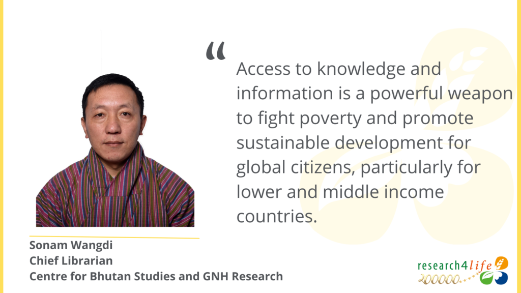 A photo with a quote from Sonam Wangdi reading: Access to knowledge and information is a powerful weapon to fight poverty and promote sustainable development for global citizens
